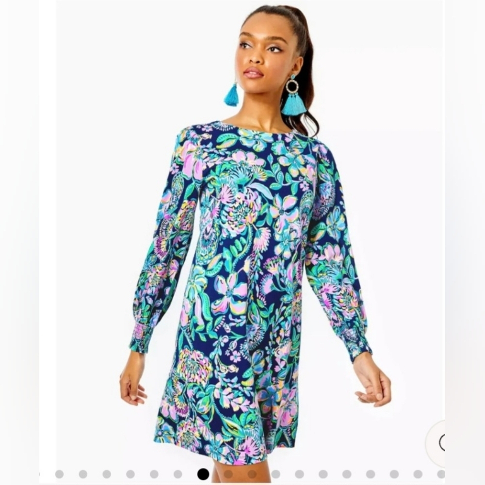 LILLY PULITZER "DIANN" DRESS Size Large, Long Sleeve 100% Cotton Bright Floral